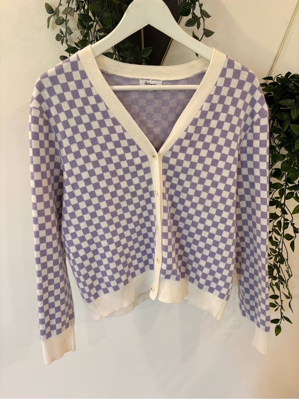 Reitmans Lilac and Cream Checkered V-Neck Button Cardigan